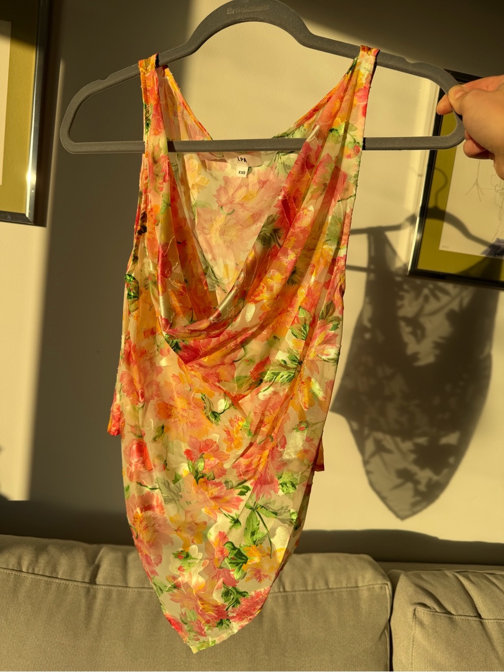 LPA Floral Satin Sheer Cowl Tank - Pink, Yellow, NWOT